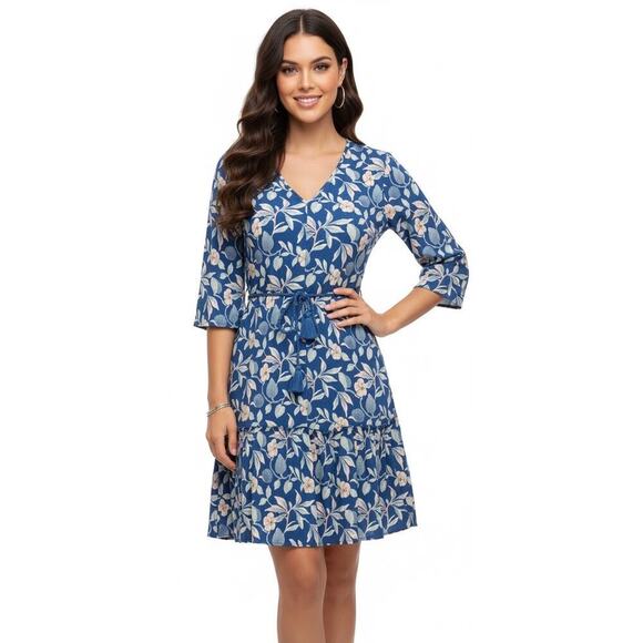 Faherty Dresses & Skirts - Faherty Orinda Floral Blue Crepe Mini Dress XS Boho Cottage Tassel 3/4 Sleeves